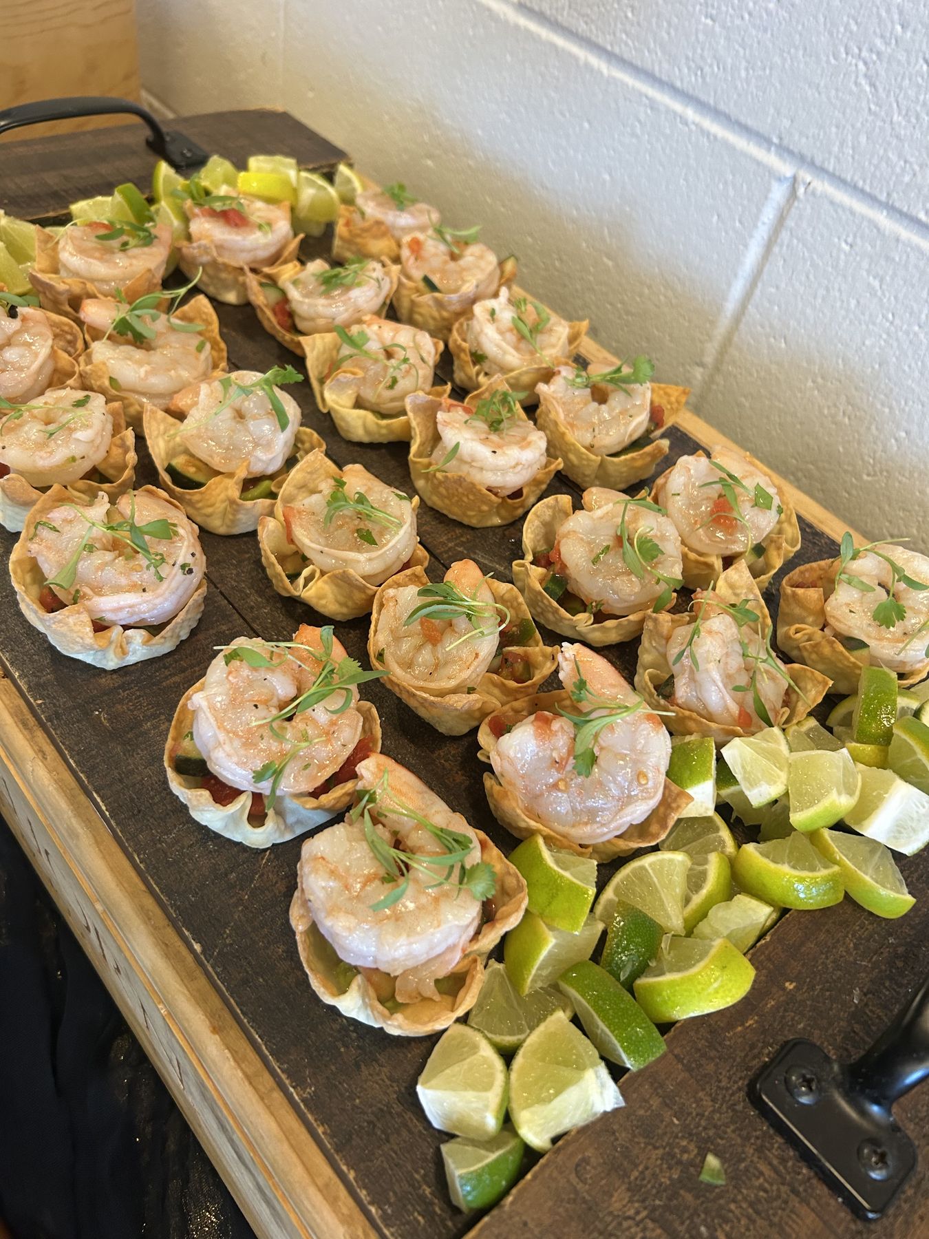 Shrimp appetizer cups with lime, catered by Oakmont